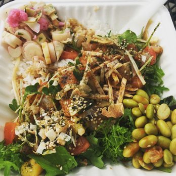 Turtle Boat - Regular size bowl, half mixed greens, half rice base, side of spicy edamame and hearts & thoughts. Delicious! - Seafood Near Me - Denver, Colorado