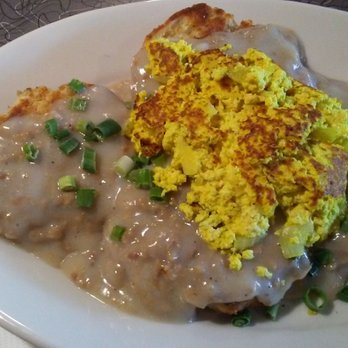 Veggie Galaxy - Biscuit and vegan sausage gravy ($7.95) and a side of tofu scrambled egg ($1.50). Tasted pretty good...quite a large portion though! - Breakfast & Brunch Near Me - Cambridge, Massachusetts Veggie Galaxy - Biscuit and vegan sausage gravy ($7.95) and a side of tofu scrambled egg ($1.50). Tasted pretty good...quite a large portion though! - Breakfast & Brunch Near Me - Cambridge, Massachusetts