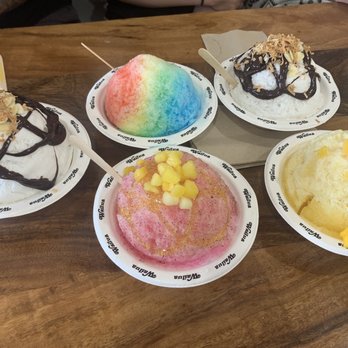Wailua Shave Ice - Two almond joys, an OG rainbow, Da mango one, and Dragon fruit...all delish - Shaved Ice Near Me - Kapaa, Hawaii