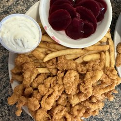 Clam strip plate "mate" portion with fries and pickled beets $14.99