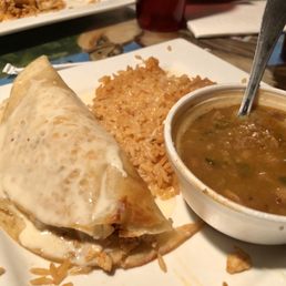Chicken quesadilla with rice and charro beans