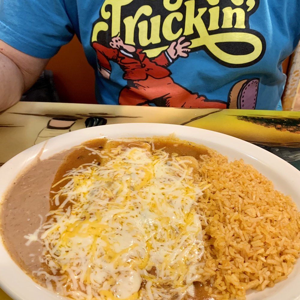 Beef burrito. Cheese enchilada. Rice and beans. Beef burrito. Cheese enchilada. Rice and beans.