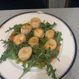 Reduced Orange juice Scallops on a bed of Arugala. Reduced Orange juice Scallops on a bed of Arugala.