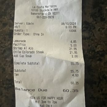 La Costa Mariscos - Receipt - Mexican Near Me - Bakersfield, California La Costa Mariscos - Receipt - Mexican Near Me - Bakersfield, California