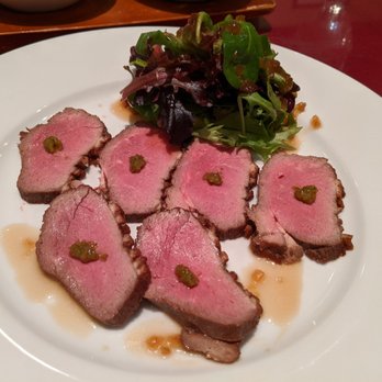 Katsuno - Magritte Duck, tender and has a surprise kick. Like a dab of Jalapenos. The salad has some jelly yuzu tasting cubes. - Japanese Near Me - Forest Hills, New York