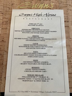 Menu photo 1 Gwyn's High Alpine Snowmass, CO