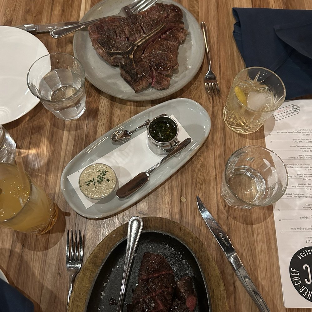 Rancher Butcher Chef - T-bone& Hangar with Cowboy butter& chimichurri sauces & cardigan climate cocktail - my fave ever! - Butcher Near Me - Bend, Oregon Rancher Butcher Chef - T-bone& Hangar with Cowboy butter& chimichurri sauces & cardigan climate cocktail - my fave ever! - Butcher Near Me - Bend, Oregon