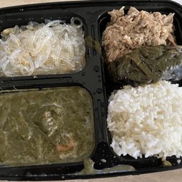 Chicken long rice, squid luau, kalua pig and lau lau
