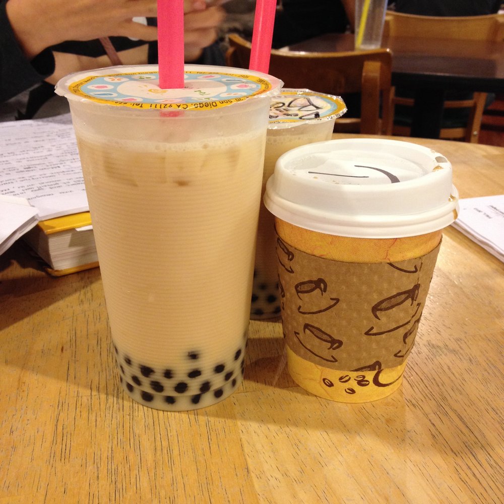Tea N More - My large green milk tea with boba and light ice for $3.50 next to a regular hot coffee milk tea - Coffee & Tea Near Me - San Diego, California Tea N More - My large green milk tea with boba and light ice for $3.50 next to a regular hot coffee milk tea - Coffee & Tea Near Me - San Diego, California