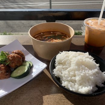Hot or Not Thai - Larb Todd, Small Tom Yum (shrimp), side of rice, and Thai Iced Tea - Thai Near Me - San Diego, California