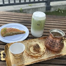 Lavender matcha , pistachio baklava, Saudi coffee Lavender matcha , pistachio baklava, Saudi coffee