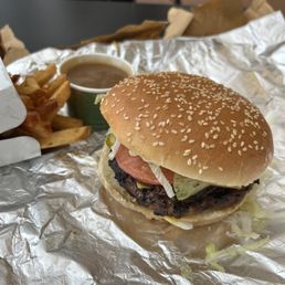 Mojo Burger Combo with side gravy. Mojo Burger Combo with side gravy.