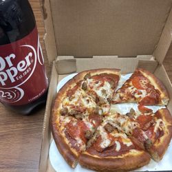 Abby's Legendary Pizza - 10 inch pepperoni and Italian sausage pizza with a 2 liter bottle of Dr Pepper