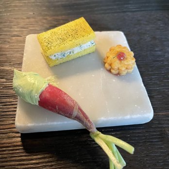 Bacchanalia - 2nd gift from the chef Small yummy biscuit with strawberry, radish, and mini sandwich with smoked trout. Yum! - New American Near Me - Atlanta, Georgia