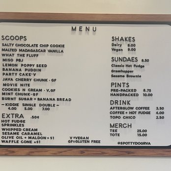 Spotty Dog Ice Cream - Menu (does not have detailed descriptions) - Ice Cream & Frozen Yogurt Near Me - Richmond, Virginia Spotty Dog Ice Cream - Menu (does not have detailed descriptions) - Ice Cream & Frozen Yogurt Near Me - Richmond, Virginia
