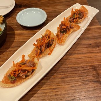 SanKai Sushi - Toro tartare- topped with daikon kimchi on wonton chips - Sushi Bars Near Me - Edmonds, Washington SanKai Sushi - Toro tartare- topped with daikon kimchi on wonton chips - Sushi Bars Near Me - Edmonds, Washington