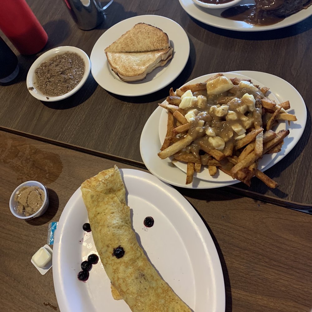 Chez Vachon - A sample of French Canadian fare: blueberry crêpe, maple product, toast with hot gorton, poutine, and tourtier with baked beans and gravy. - Breakfast & Brunch Near Me - Manchester, New Hampshire