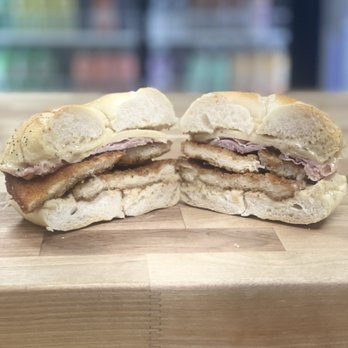 117 Deli - Chicken cutlet with ham and melted swiss on a bagel - Delis Near Me - East Islip, New York 117 Deli - Chicken cutlet with ham and melted swiss on a bagel - Delis Near Me - East Islip, New York