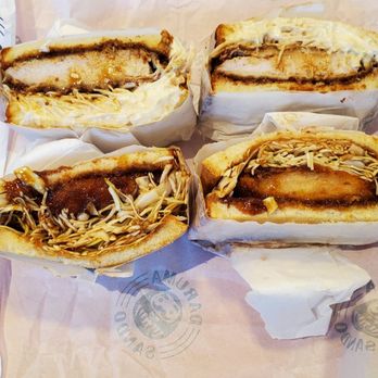 Daruma Sando - Pork katsu sando (top two halves), ebi katsu sando (bottom two halves) - Sandwiches Near Me - Seattle, Washington Daruma Sando - Pork katsu sando (top two halves), ebi katsu sando (bottom two halves) - Sandwiches Near Me - Seattle, Washington