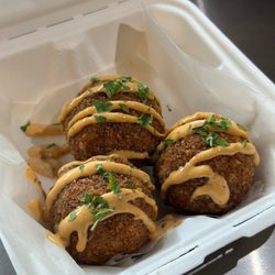 Curbside Comfort Cuisines - Fried Mac & cheese bites with Chipotle aioli