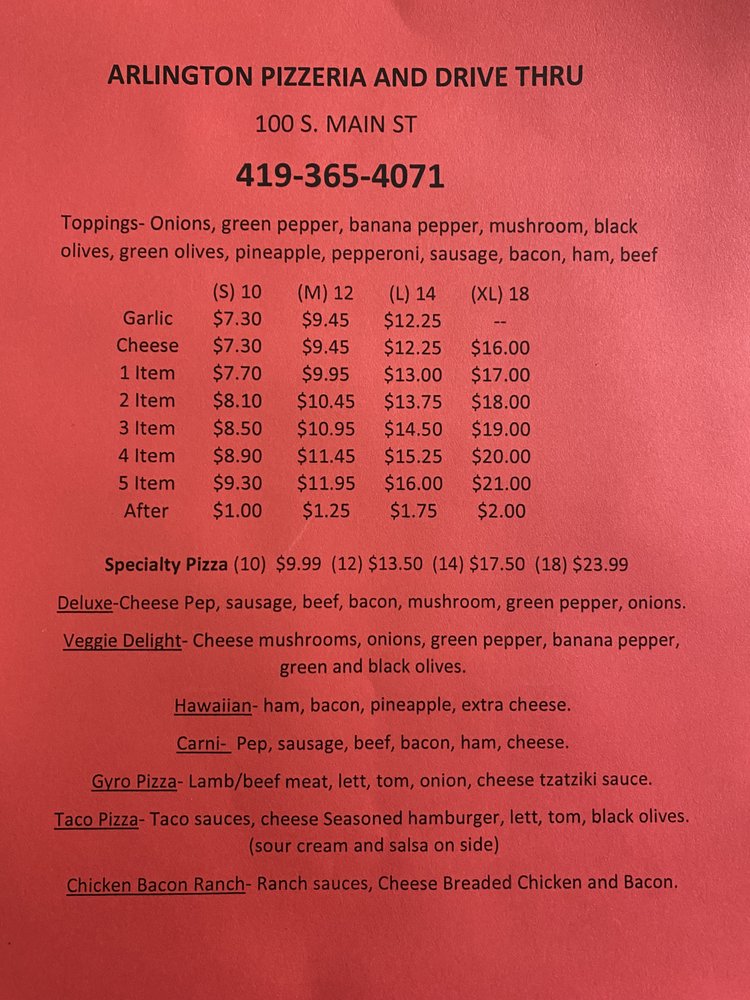 ARLINGTON PIZZERIA 100 S Main St, Arlington, Ohio Pizza