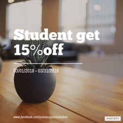 California Regency University - Student get 15%off acupuncture service 
03/01/2018 - 03/31/2018 
www.facebook.com/yuinacupunctureclinic 
Instagram : @yuin_university