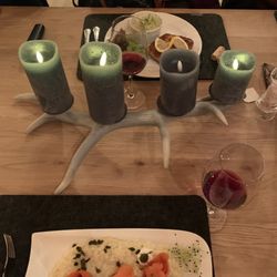 Restaurant Bergstube - Line risotto with smoked salmon in the front. Cordon blue in the back.