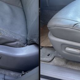 Before and after of a repaired leather seat panel in an SUV Before and after of a repaired leather seat panel in an SUV