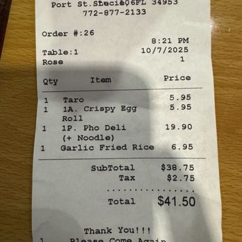 Pho Deli - Receipt super happy with everything waitress was extremely nice. Food was awesome. Will be back. - Vietnamese Near Me - Port Saint Lucie, Florida