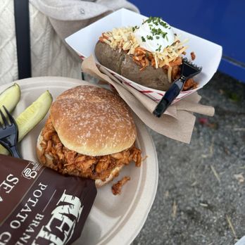 Stalker Farms - Baked potato with BBQ chicken, and a pulled chicken sandwhich - Paintball Near Me - Snohomish, Washington Stalker Farms - Baked potato with BBQ chicken, and a pulled chicken sandwhich - Paintball Near Me - Snohomish, Washington