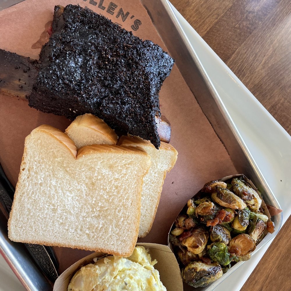 Killen's Barbecue - Beef rib plate with Brussel sprouts and potato salad for sides - Barbeque Near Me - Shenandoah, Texas Killen's Barbecue - Beef rib plate with Brussel sprouts and potato salad for sides - Barbeque Near Me - Shenandoah, Texas