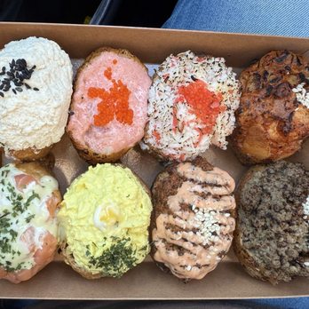 Neko Yubu - Top: tofu, myungran mayo, butter crab, kimchi bacon. Bottom: salmon, egg, spicy pork, bulgogi - Korean Near Me - Dallas, Texas Neko Yubu - Top: tofu, myungran mayo, butter crab, kimchi bacon. Bottom: salmon, egg, spicy pork, bulgogi - Korean Near Me - Dallas, Texas