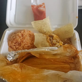 Elmer's Tacos - #8: Two tamales combination with fluffy rice and really good beans. Red sauce in a packet! - Breakfast & Brunch Near Me - Chandler, Arizona Elmer's Tacos - #8: Two tamales combination with fluffy rice and really good beans. Red sauce in a packet! - Breakfast & Brunch Near Me - Chandler, Arizona