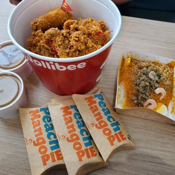 Jollibee - 10 Piece Spicy Chickenjoy with Gravy with 3 Peach Mango Pies and a Palabok. - Chicken Shop Near Me - Alhambra, California