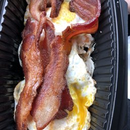 3 eggs over easy with bacon and turkey