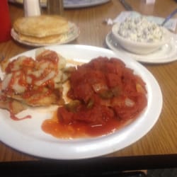Cottage Cafe of Nicholasville - Swiss steak ( special ) choice of two out of 15 sides. I chose pea salad and fresh cut fried potatoes. Choice of breadx3