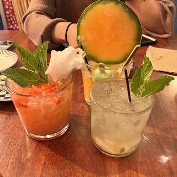 Chome - Strawberry nigori sake (red), Green Yoshi (orange), Lychee lime-chew mojito (yellow) - Izakaya Near Me - San Francisco, California
