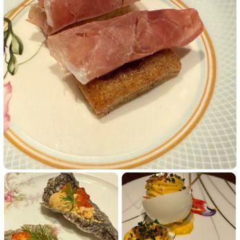 Prelude - Amuse - financier with ham, salmon skin chip with roe, deviled eggs - Southern Near Me - San Francisco, California Prelude - Amuse - financier with ham, salmon skin chip with roe, deviled eggs - Southern Near Me - San Francisco, California