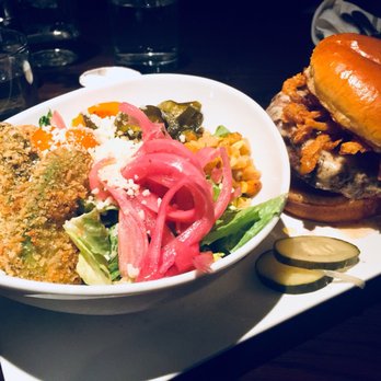 Copper Fox Gastropub - The Fox Burger with a side of Fried Avocado Salad - New American Near Me - Chicago, Illinois