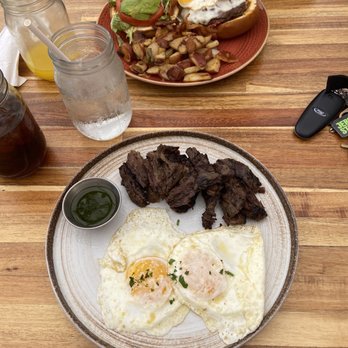 Hatch 44 Cafe - Husband always gets the brunchin burger and my favorite is the skirt steak and Eggs. (It comes with toast and potatoes but I opt out) - Cafes Near Me - Metuchen, New Jersey
