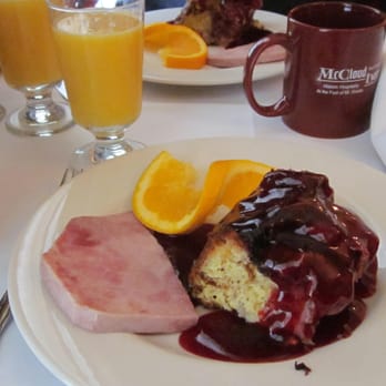 McCloud Hotel - bosenberry souffle/croissant breakfast with a slice of ham. - Hotels Near Me - McCloud, California McCloud Hotel - bosenberry souffle/croissant breakfast with a slice of ham. - Hotels Near Me - McCloud, California