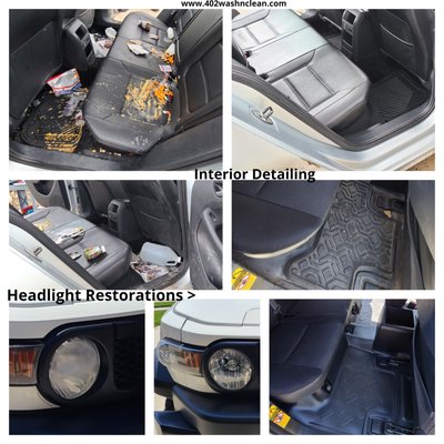 Mobile Car Detailing - Interior Detail Packages
(Trucks, 3rd Row SUVs, MiniVans ADD +$20)
(Super Dirty ADD +$60)
(Excessive Dog Hair ADD +$40)
Premium Interior Detail - $150
This detail includes thoroughly vacuuming all surfaces and crevices. We also scrub and clean all surfaces down and clean the mirrors inside and out.
This package also includes floor mat cleaning.
Platinum Interior Detail - $180
This includes everything listed above in the Premium Interior Detail.
This package also includes the added use of our steamer and our carpet extractor, if needed, to get tough stains and spots out and to thoroughly clean the carpets. With this package we will also dress the mats to make them pop and we will apply trim dressing to all vinyl. We will also use a leather conditioner for your seats if you have leather.
This package also includes an optional free pressure wash rinse for the exterior of your car or ADD +$80 to upgrade to the 402 Complete Detail which is our most popular detail package.
Exterior Details
402 Express Wash - $60 (no deep wheel, tire, fender cleaning)
For this service, we do a hand body wash on the exterior of your vehicle. We then pressure wash rinse the vehicle. Afterwards, we follow up with a towel dry and clean windows inside and out.
402 Exterior Detail - $120
This is a full exterior detail. Some tasks we take on that are included in this package are a full hand body wash, wheel, tire and fender cleaning, bug removal, chrome polishing, tire shine, undercarriage pressure wash, window cleaning inside and out, and we also use detail brushes in this package.
Wash and Wax - $220 (Price depends on size, please call for estimate)
Premium Exterior Detail, Clay Bar service, and Wax service are included in this price.
402 Complete Detail - $260
This service is our COMPLETE and FULL detail. In this package, we use our best tools, products, and processes to get the interior and exterior of your vehicle looking amazing.
This includes a full-body wash, with wheel, tire, and fender cleaning; a deep interior clean and conditioning, pressure wash rinsing, and headliner cleaning.
402 Polish My Car - $220-$1000
Please call for a quote for paint polishing or paint correction services.
*Special*
** You can get a polishing service at a flat rate of $160 if you group it with another detail. We will do a wax or sealant service on your car, which includes a clay bar decontamination service. This will remove contaminants like fallout, iron, bird droppings, etc.
The wax or polishing service will remove light scratches, help achieve a great shine from your paint, and will protect your paint from harmful UV rays. It will also help your car look cleaner for longer. Mobile Car Detailing - Interior Detail Packages
(Trucks, 3rd Row SUVs, MiniVans ADD +$20)
(Super Dirty ADD +$60)
(Excessive Dog Hair ADD +$40)
Premium Interior Detail - $150
This detail includes thoroughly vacuuming all surfaces and crevices. We also scrub and clean all surfaces down and clean the mirrors inside and out.
This package also includes floor mat cleaning.
Platinum Interior Detail - $180
This includes everything listed above in the Premium Interior Detail.
This package also includes the added use of our steamer and our carpet extractor, if needed, to get tough stains and spots out and to thoroughly clean the carpets. With this package we will also dress the mats to make them pop and we will apply trim dressing to all vinyl. We will also use a leather conditioner for your seats if you have leather.
This package also includes an optional free pressure wash rinse for the exterior of your car or ADD +$80 to upgrade to the 402 Complete Detail which is our most popular detail package.
Exterior Details
402 Express Wash - $60 (no deep wheel, tire, fender cleaning)
For this service, we do a hand body wash on the exterior of your vehicle. We then pressure wash rinse the vehicle. Afterwards, we follow up with a towel dry and clean windows inside and out.
402 Exterior Detail - $120
This is a full exterior detail. Some tasks we take on that are included in this package are a full hand body wash, wheel, tire and fender cleaning, bug removal, chrome polishing, tire shine, undercarriage pressure wash, window cleaning inside and out, and we also use detail brushes in this package.
Wash and Wax - $220 (Price depends on size, please call for estimate)
Premium Exterior Detail, Clay Bar service, and Wax service are included in this price.
402 Complete Detail - $260
This service is our COMPLETE and FULL detail. In this package, we use our best tools, products, and processes to get the interior and exterior of your vehicle looking amazing.
This includes a full-body wash, with wheel, tire, and fender cleaning; a deep interior clean and conditioning, pressure wash rinsing, and headliner cleaning.
402 Polish My Car - $220-$1000
Please call for a quote for paint polishing or paint correction services.
*Special*
** You can get a polishing service at a flat rate of $160 if you group it with another detail. We will do a wax or sealant service on your car, which includes a clay bar decontamination service. This will remove contaminants like fallout, iron, bird droppings, etc.
The wax or polishing service will remove light scratches, help achieve a great shine from your paint, and will protect your paint from harmful UV rays. It will also help your car look cleaner for longer.