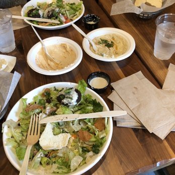 Markook Authentic Mediterranean Eats - It's hard to tell because we already dug in but amazing falafel salad, spicy hommous and baba ganouj - Mediterranean Near Me - Washington, Pennsylvania