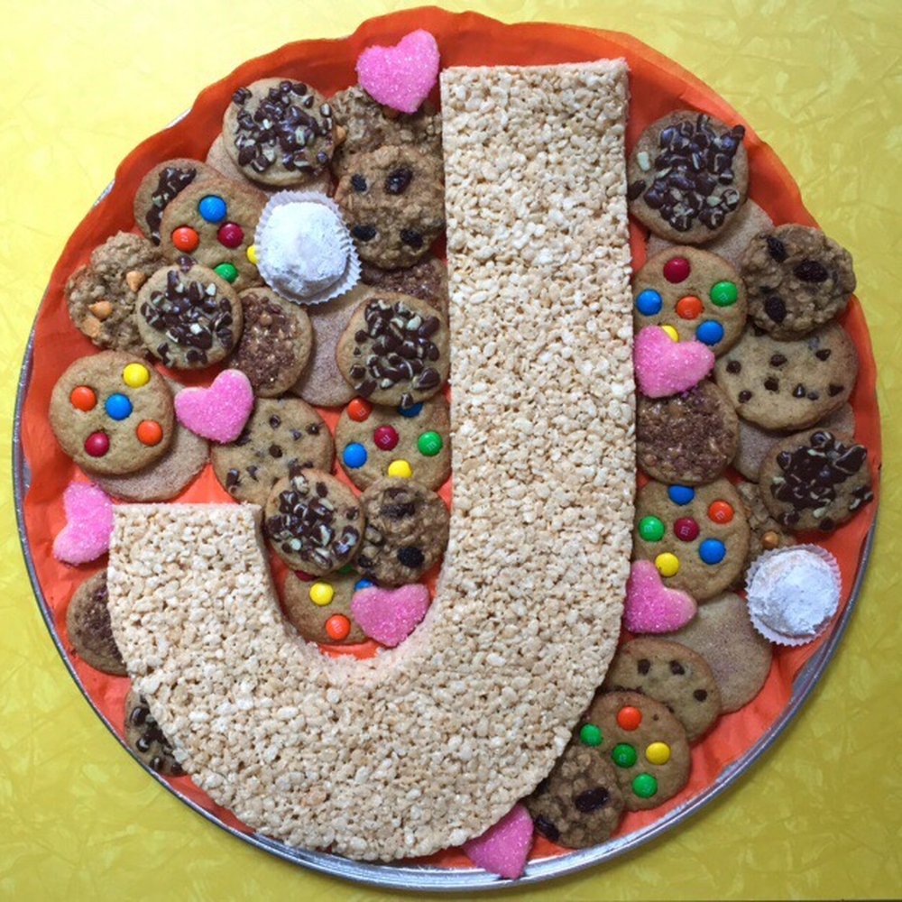 A large  "J" Rice Krispy treat for Julian's birthday