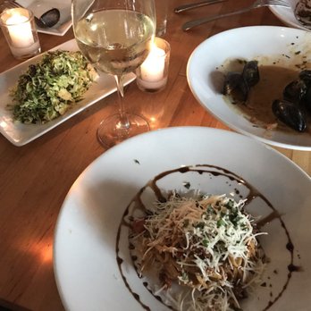 The Abbey - Bison bolognese with side of brussel sprouts and mussels - New American Near Me - Brookline, Massachusetts The Abbey - Bison bolognese with side of brussel sprouts and mussels - New American Near Me - Brookline, Massachusetts