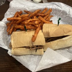 The Draft Sports Bar at Mupu Grill - French dip sandwich with a sweet potato fries