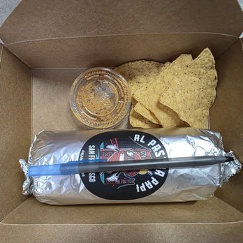Al Pastor Papi - Shrimp burrito to go. Notice the scant pieces of chip that's included. - Food Trucks Near Me - San Francisco, California