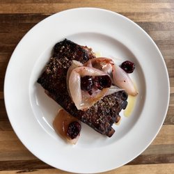 Marigold - Coriander-crusted pork spare ribs with roasted onion, cherries and labne