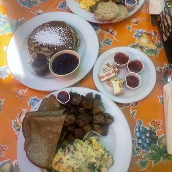 Alana's Cafe - Mediterranean Scramble Alana's Combo Alana's Swedish Oatmeal Pancakes with lingonberry - Breakfast & Brunch Near Me - Burlingame, California