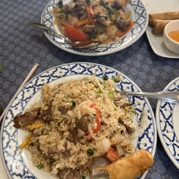 Drunken noodles and beef Thai Fried Rice